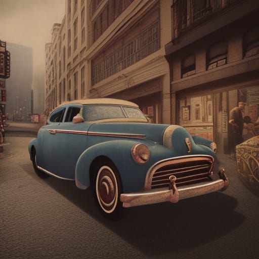 Vintage Car in City, Watercolor Style, Detailed Render