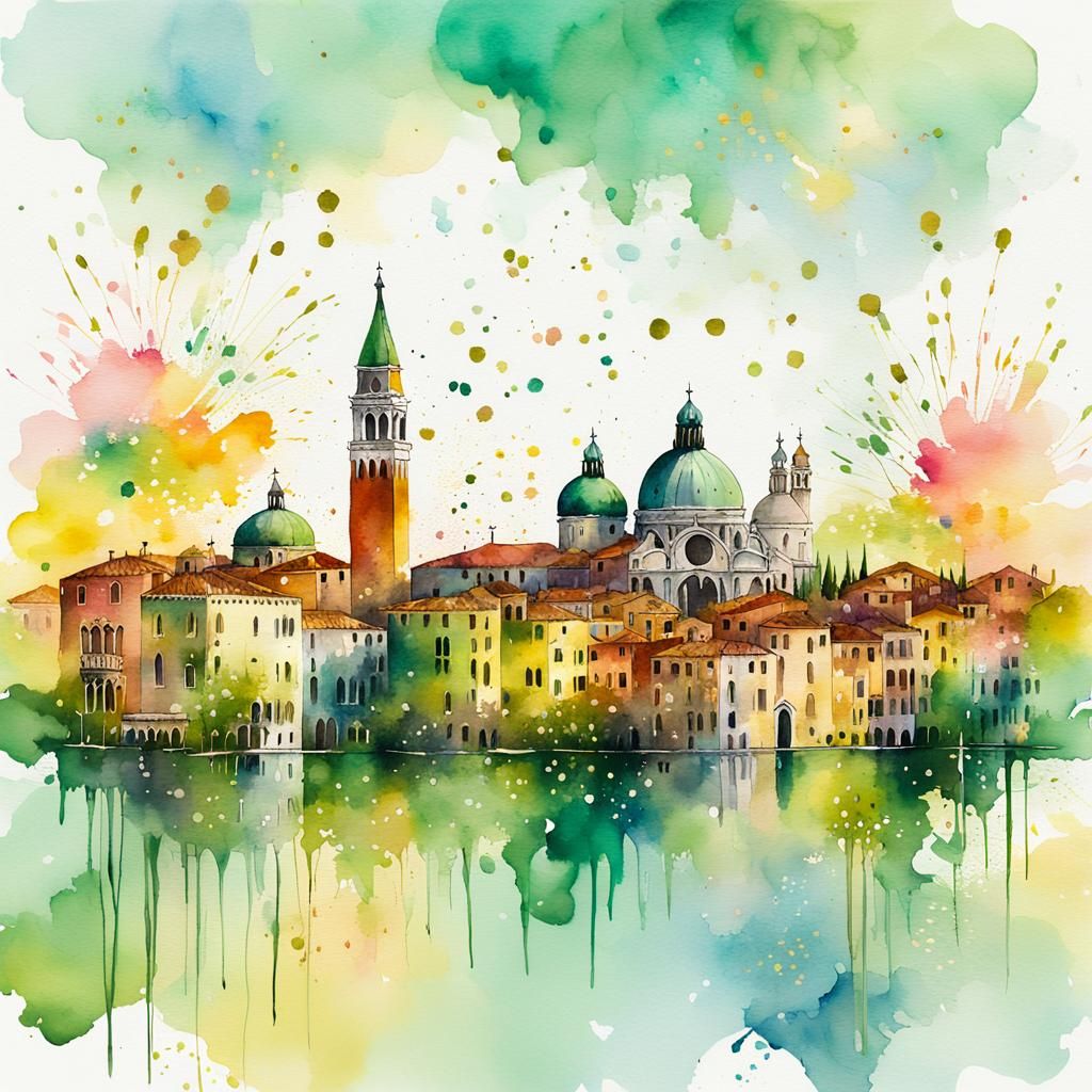 Venice Skyline in Springtime: Alcohol Ink Splatter Illustrat...