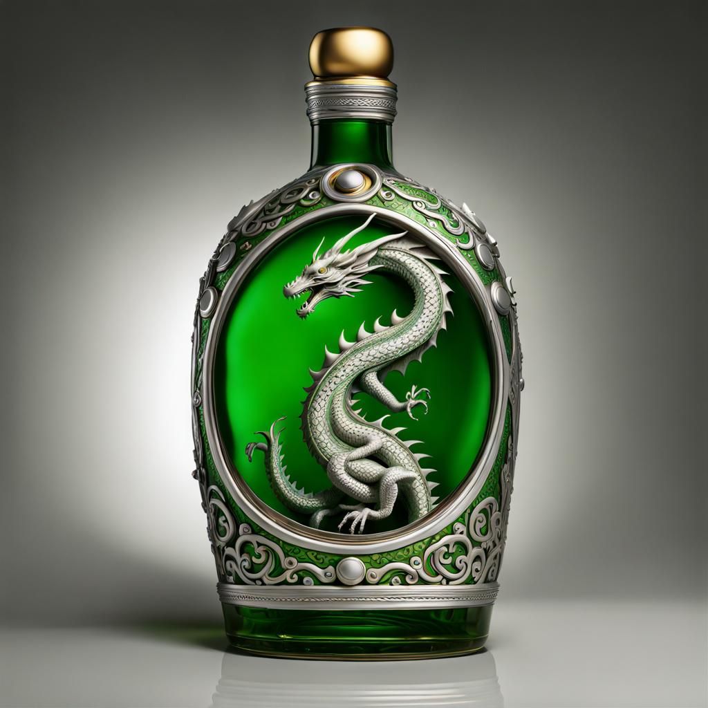 Beautiful realistic green dragon inside an antique liquor bottle with ornate silver decor, high-quality, High Resolutio...