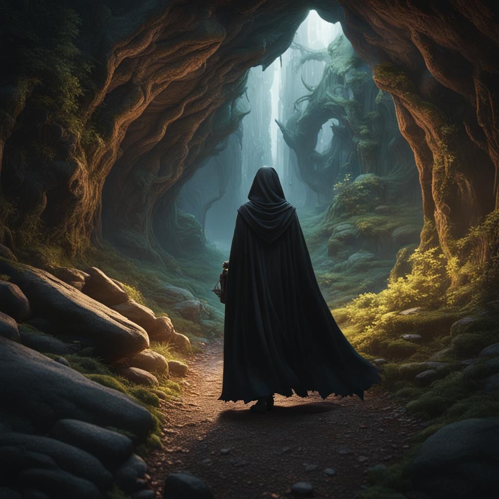 Woman in Cloak Entering Cave: Matte Painting