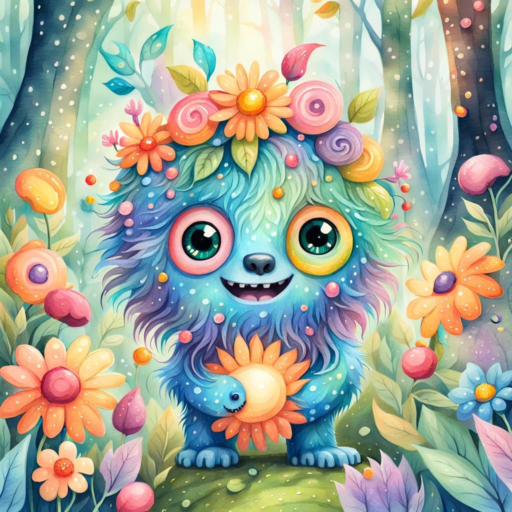 Whimsical Little Monster in Magical Forest Watercolor