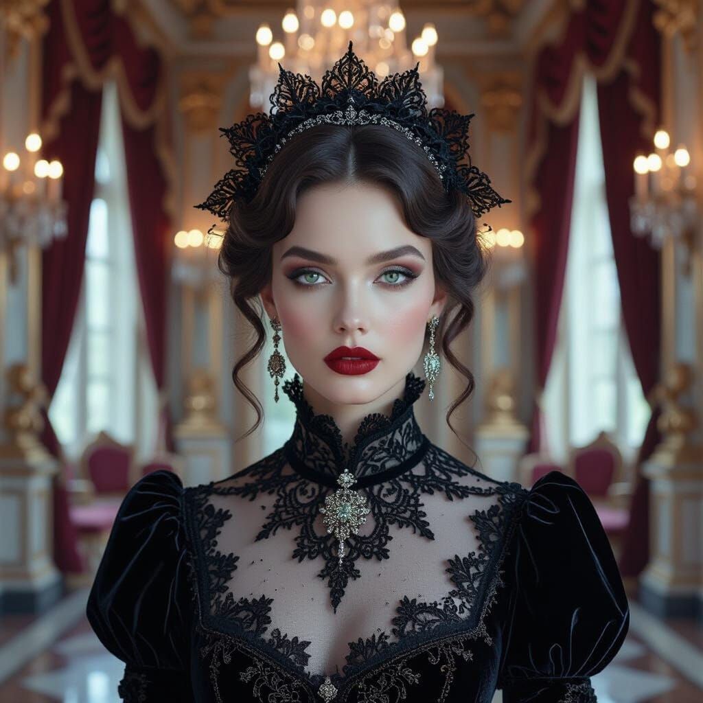 Victorian Woman in Baroque Hall with Velvet Gown