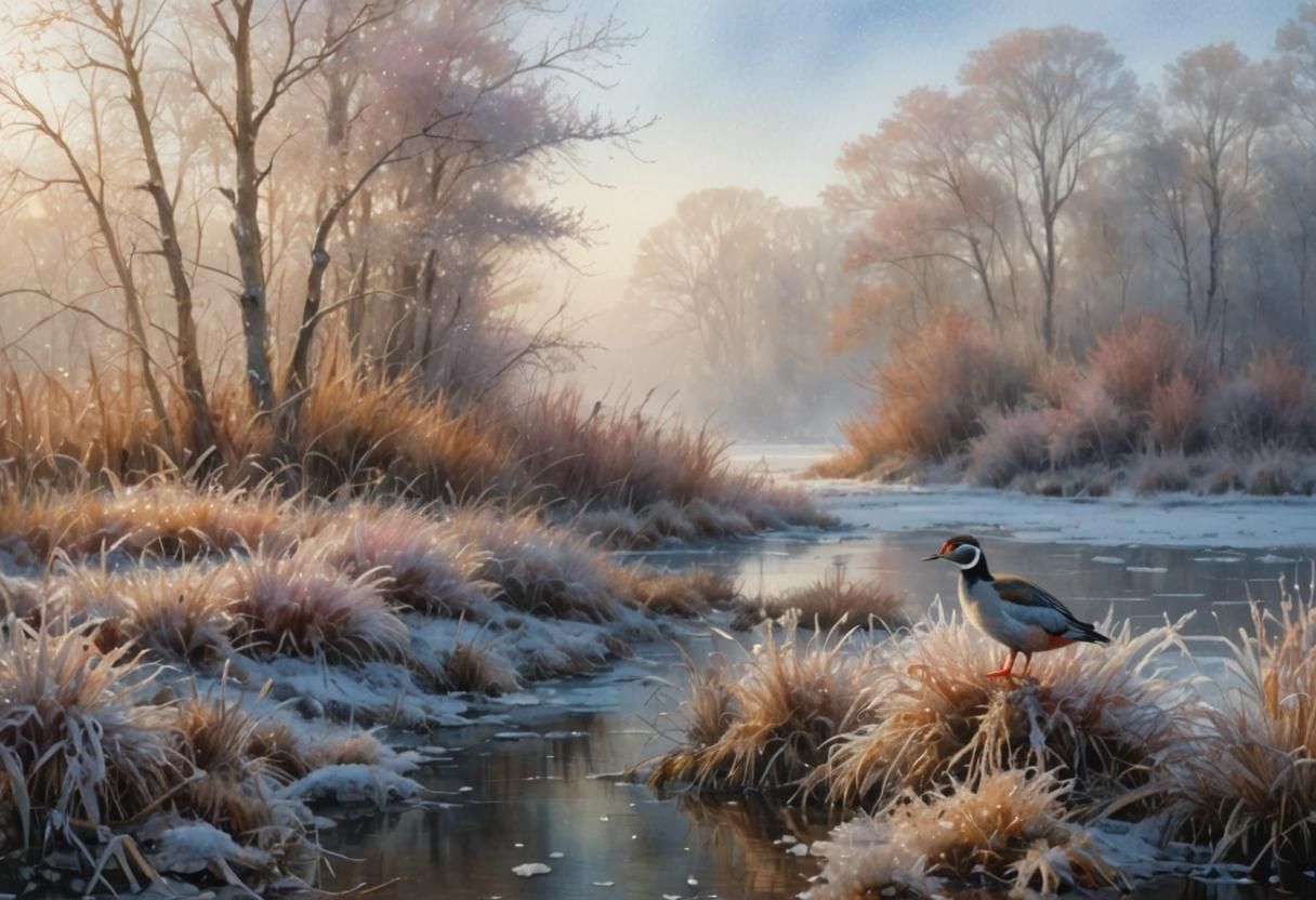 Pheasant Grebe on Icy Shore: Watercolor Painting