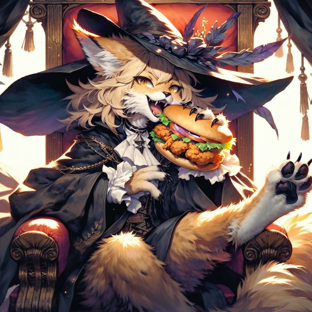 Lynx Queen Enjoys Chicken Sandwich in Anime Style