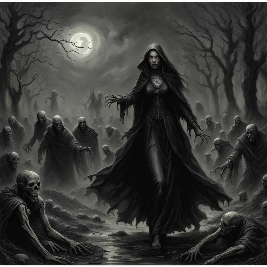 Gothic Necromancer Raising Undead in Lovecraftian Horror