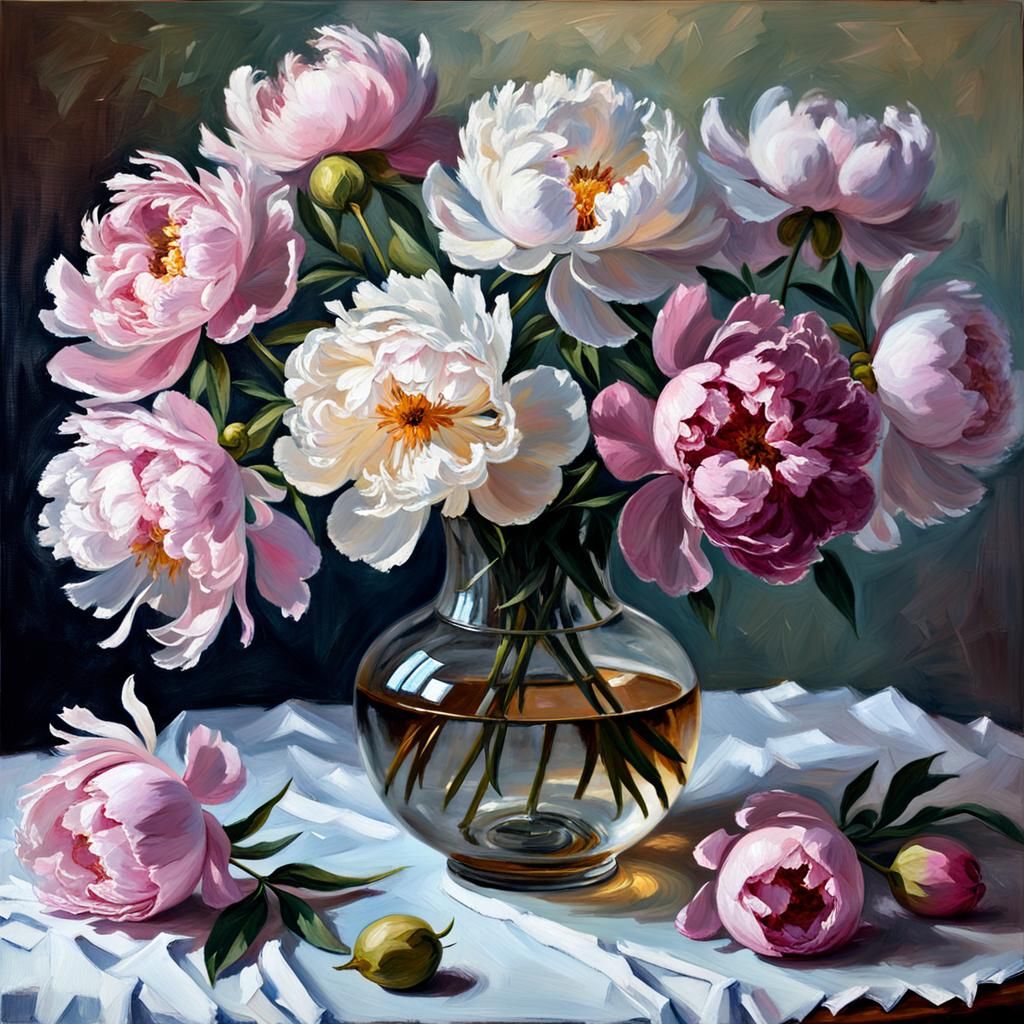 Peonies Still Life in Oil Painting Style