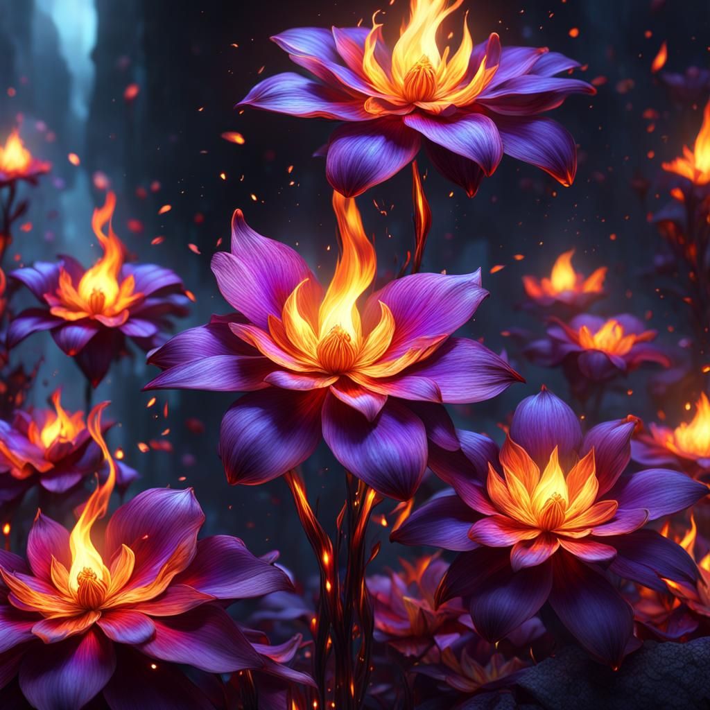 Burning Flowers with Luminous Petals in Dark Fantasy Art
