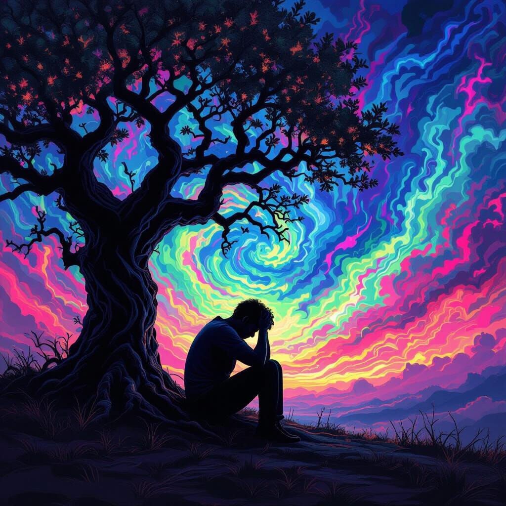 Man Crying Against Tree Under Psychedelic Sky