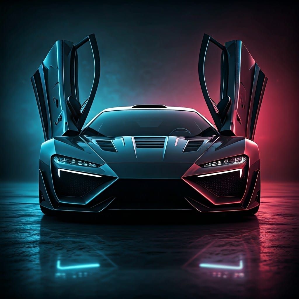 Futuristic Supercar in Neon Sci-Fi Cityscape