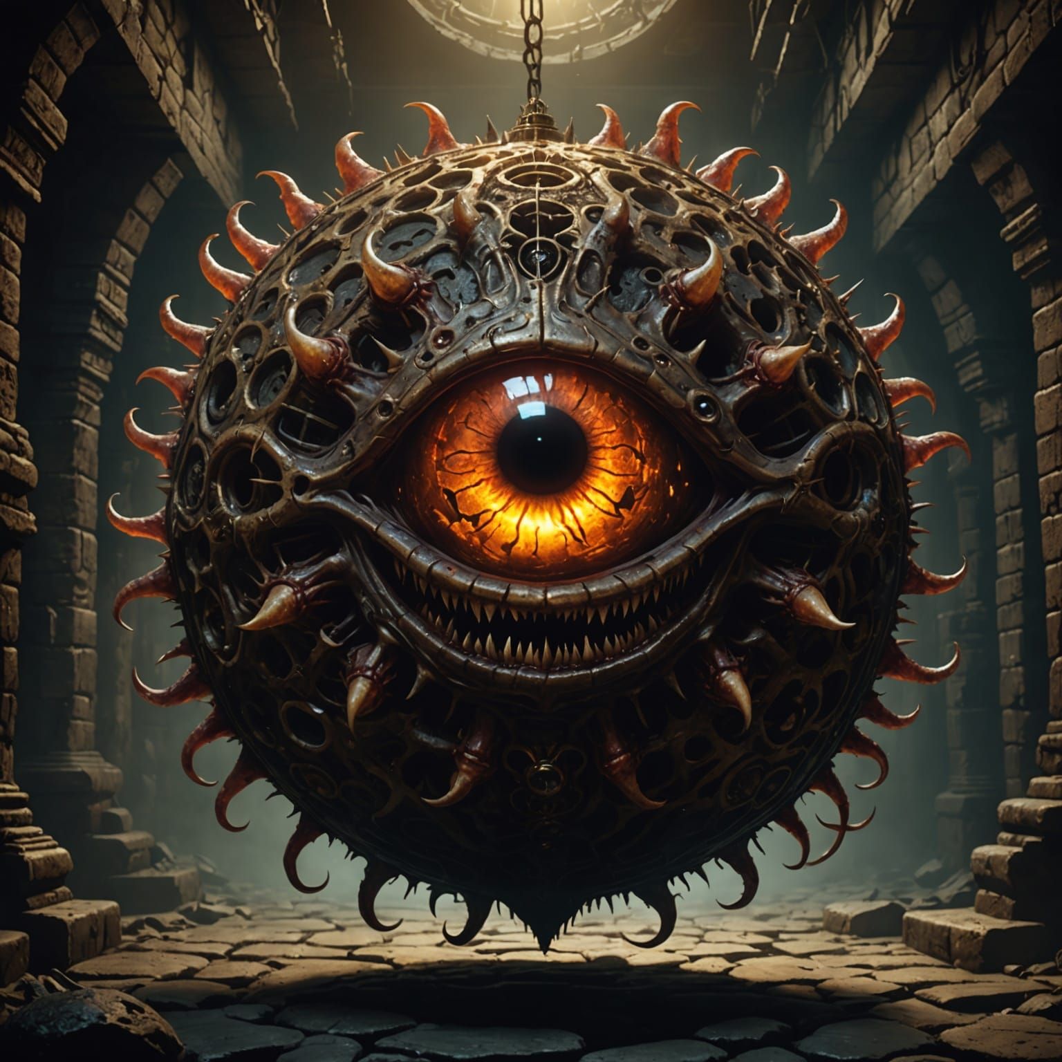 Beholder in Dimly Lit Dungeon