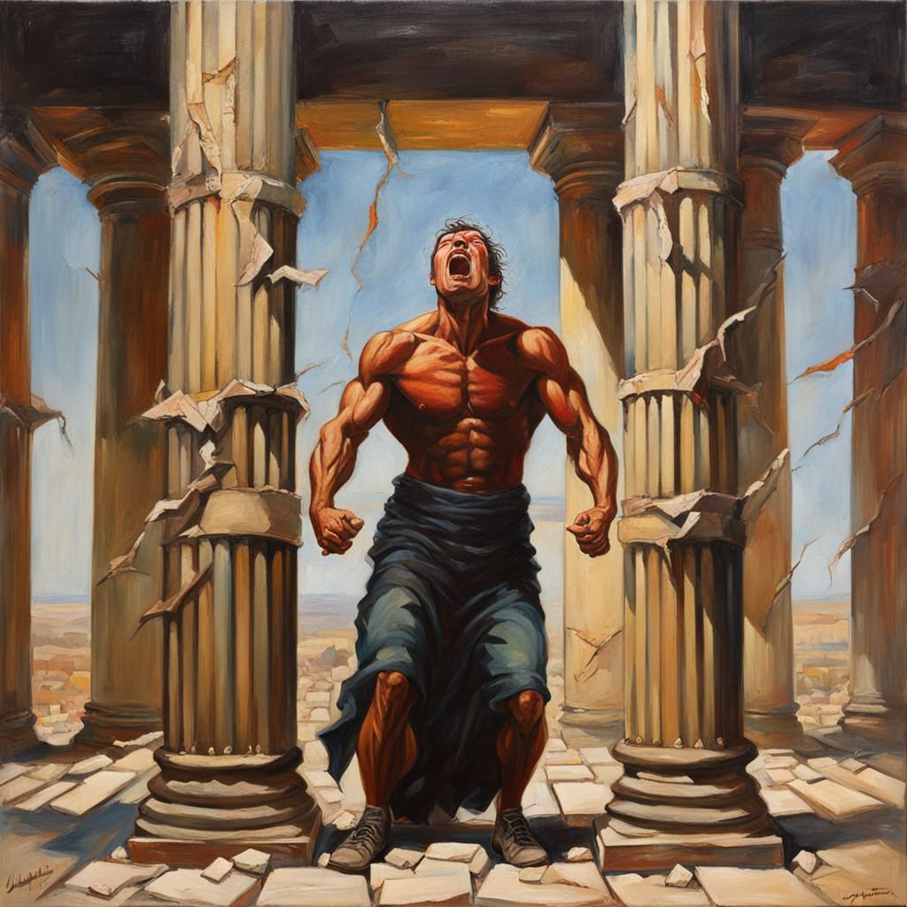Epic Strongman Destroys Pillars: Oil Painting