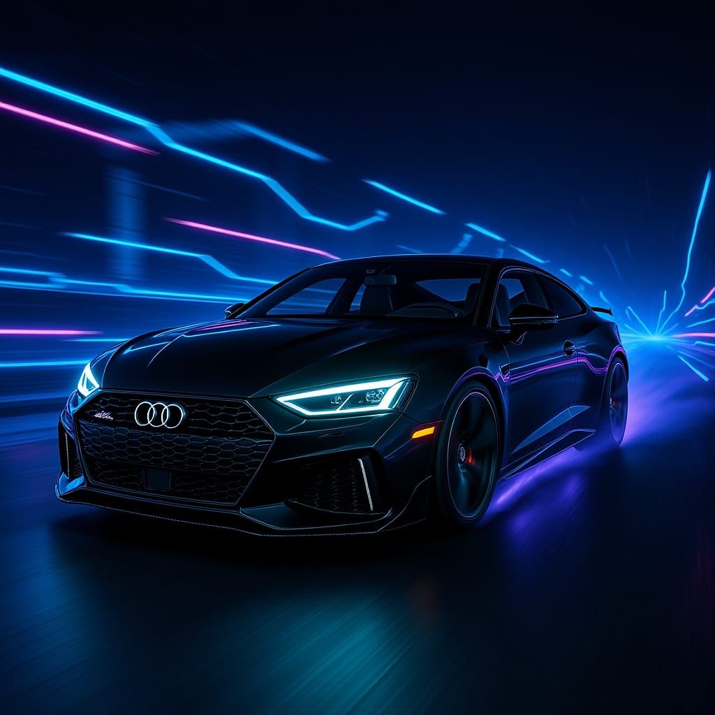 Neon Racetrack: Black Audi RS Drag Machine in Futuristic Sty...
