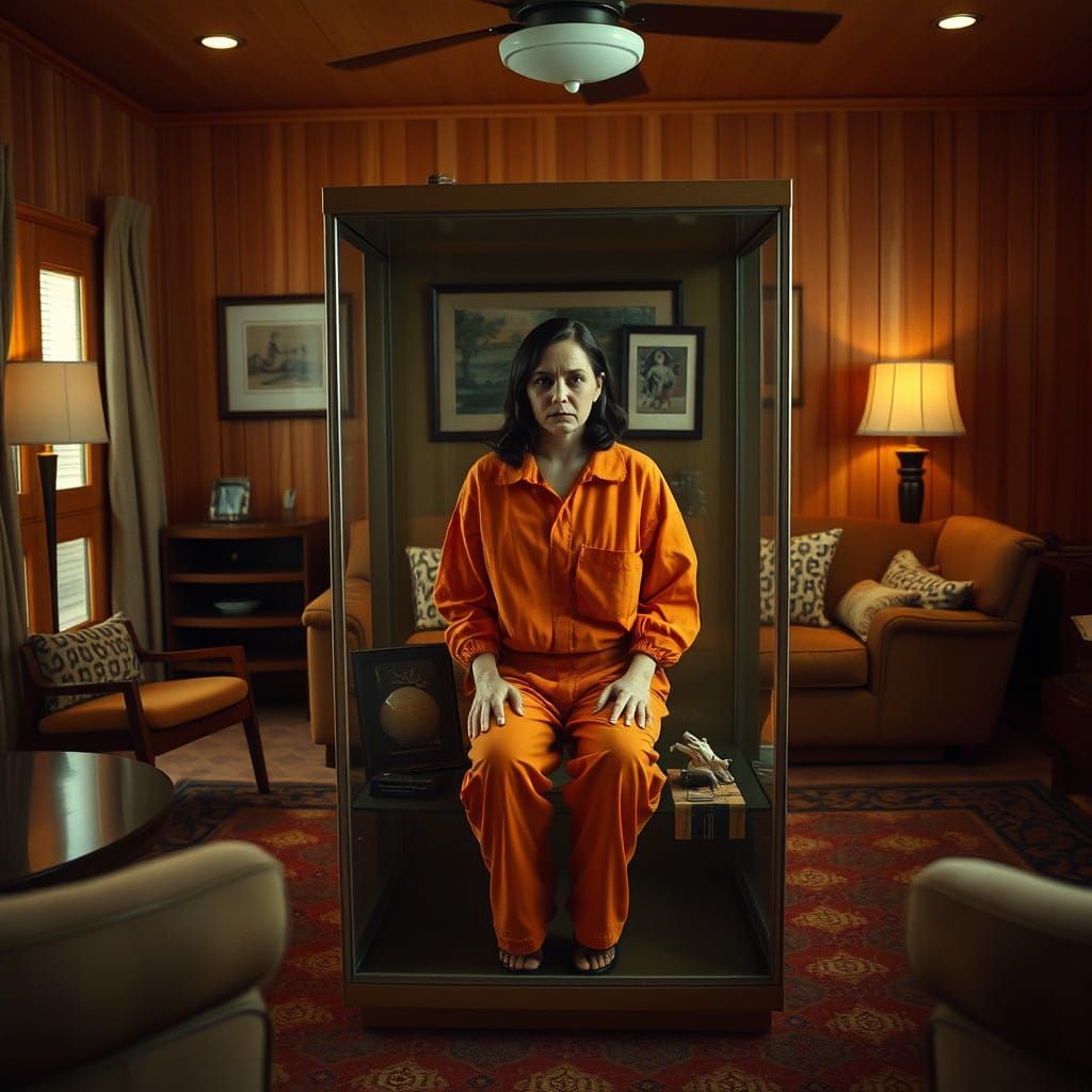 Midcentury Living Room with Woman in Display Case, Cinematic...