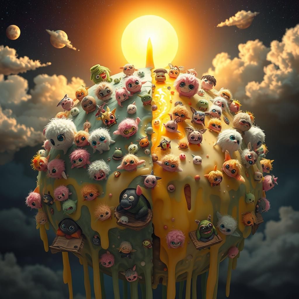 Candle Wax Planet with Fuzzy Chibi Monsters