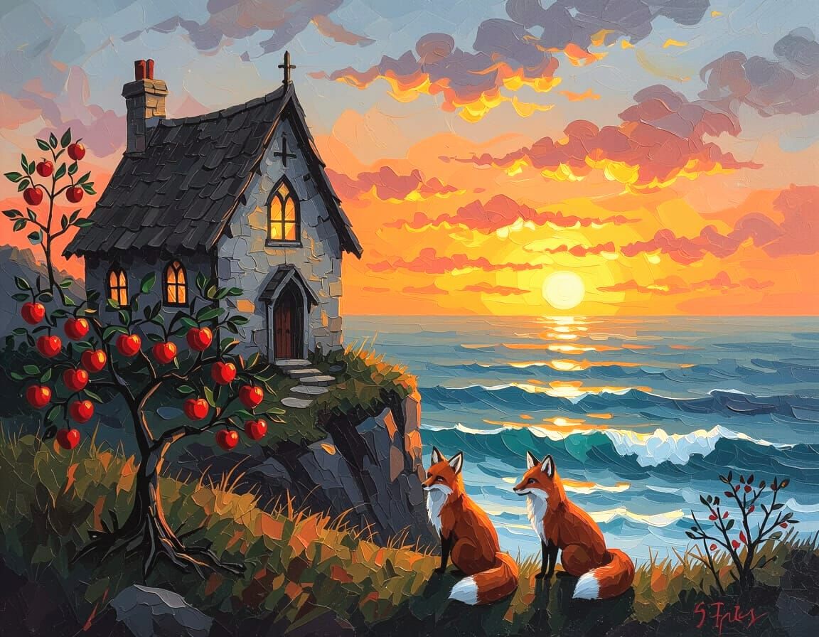 Impasto Cottage Sunset with Foxes and Apples