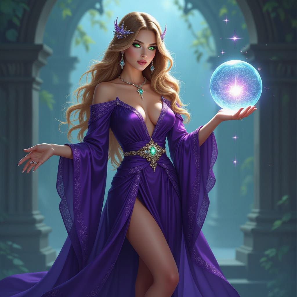 Mystical Oracle with Golden Hair and Crystal Ball in Fantasy...
