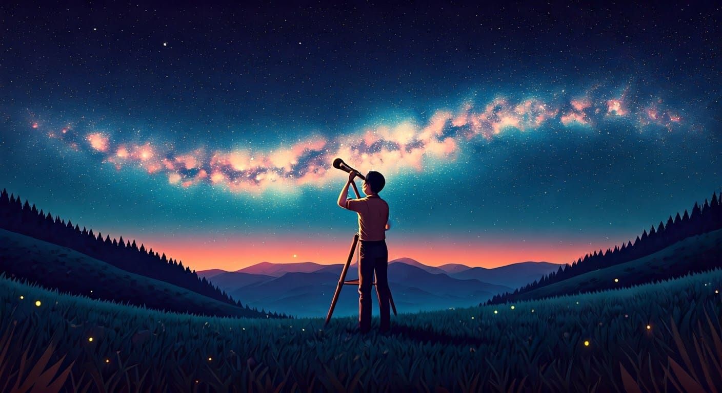 Astronomer Gazing at Starry Night Sky in 8k