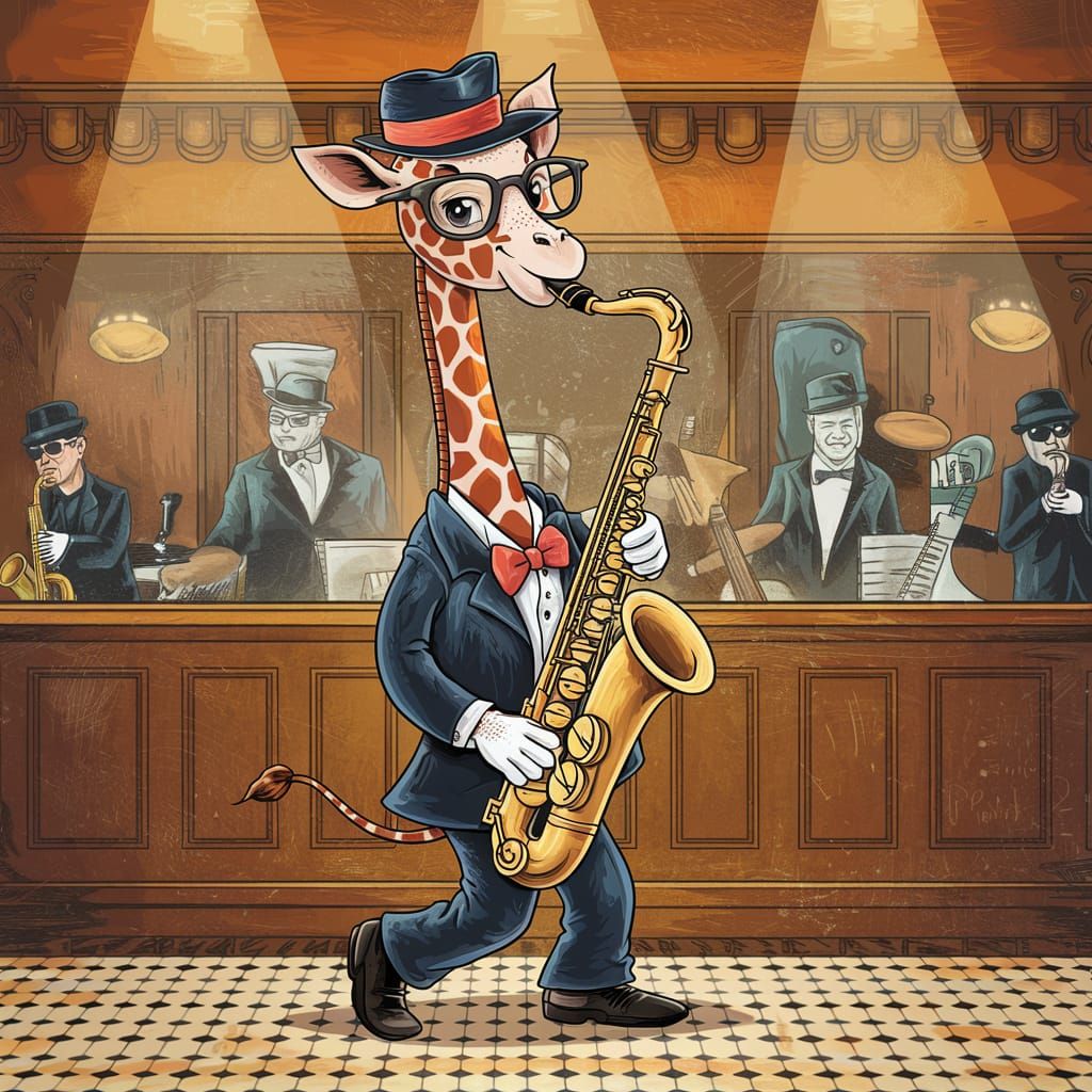 Giraffe Jazz Musician in Denning Style Illustration