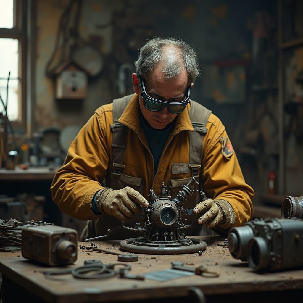 Resourceful Inventor's Post-Apocalyptic Workshop in Cyberpun...