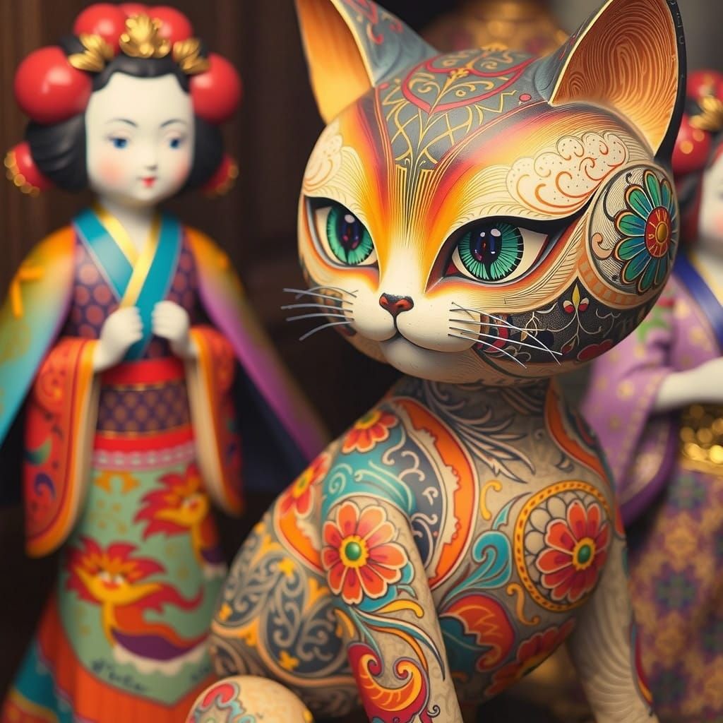 Ornate Wooden Cat Doll in French Rococo Style