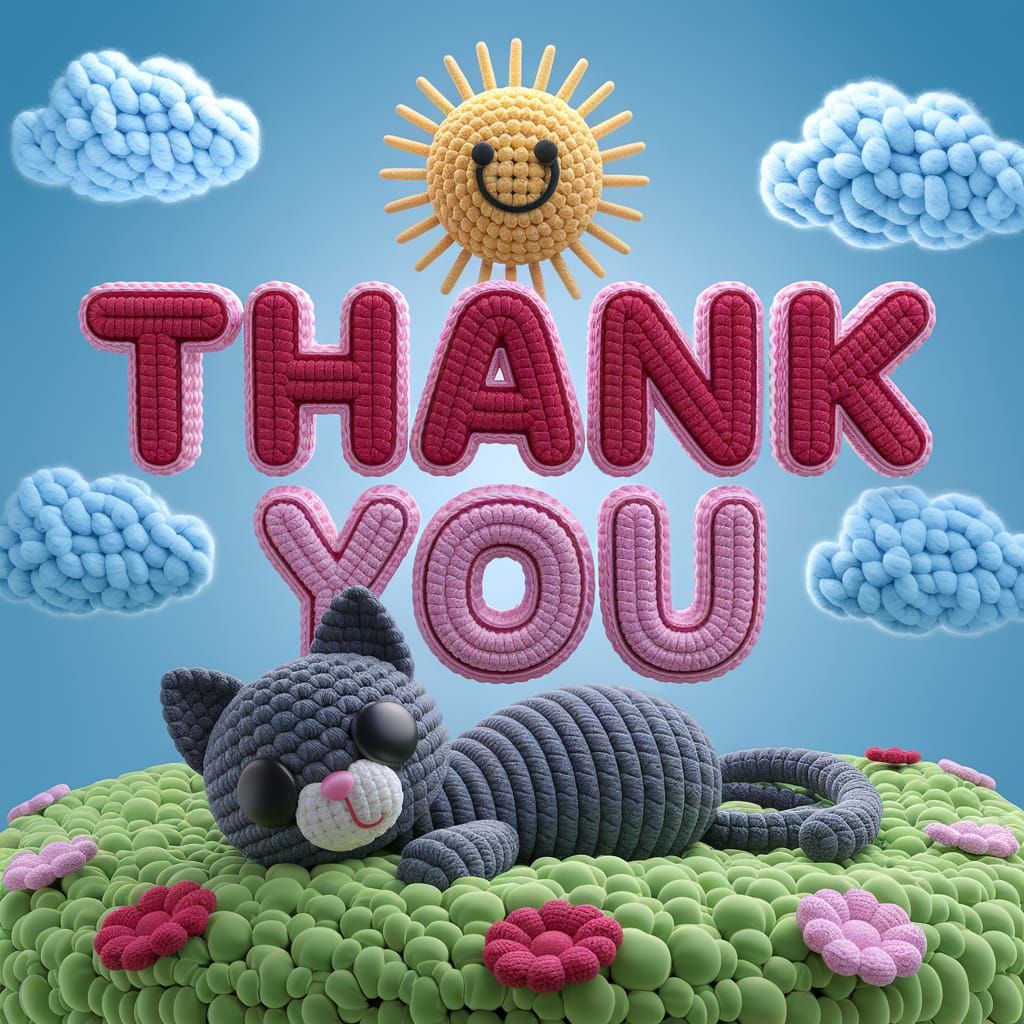 Vibrant Crocheted Scene with Adorable Cat and Sunlit Field