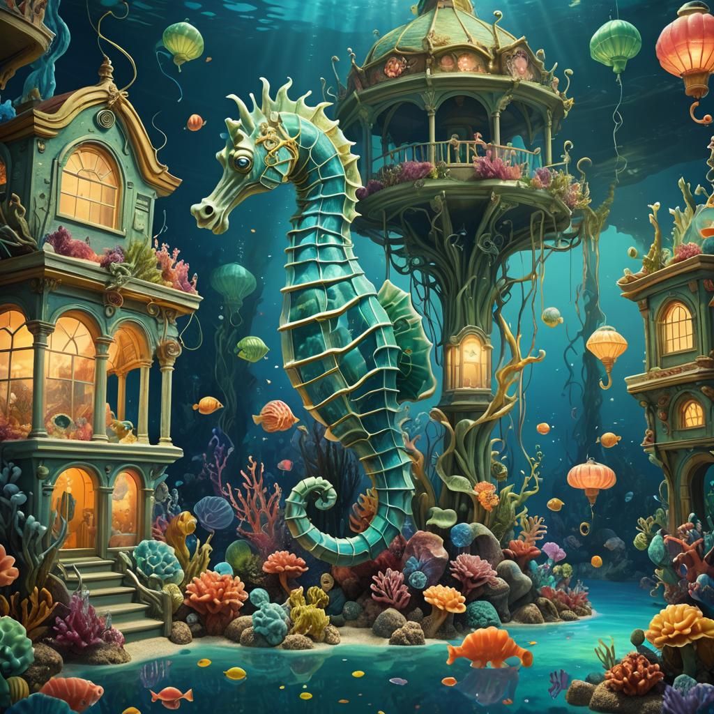 Surreal Seahorse Funhouse in Underwater Aquarium