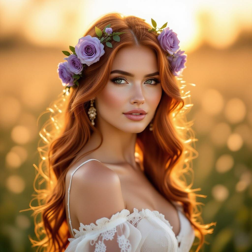A striking portrait of a woman with long, flowing red hair a...