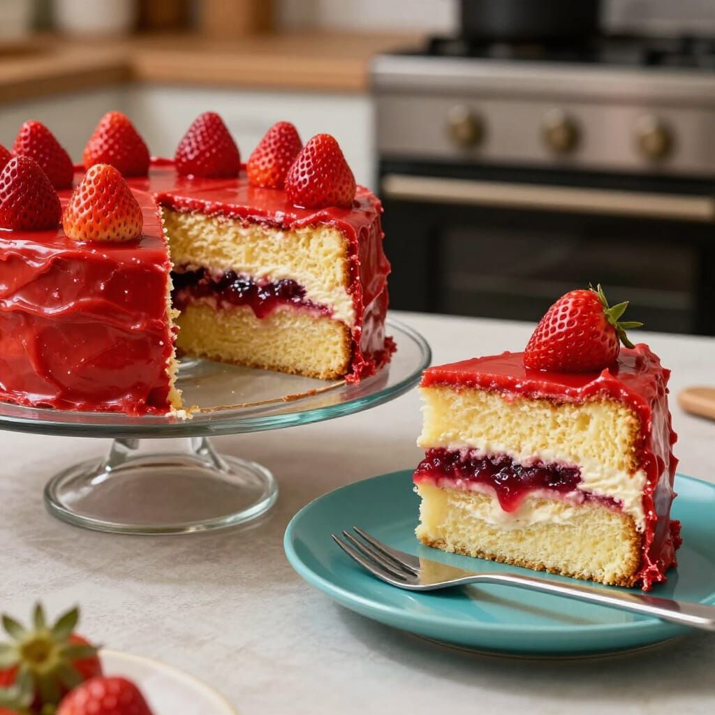 Photorealistic Strawberry Cake with Red Frosting and Cream F...