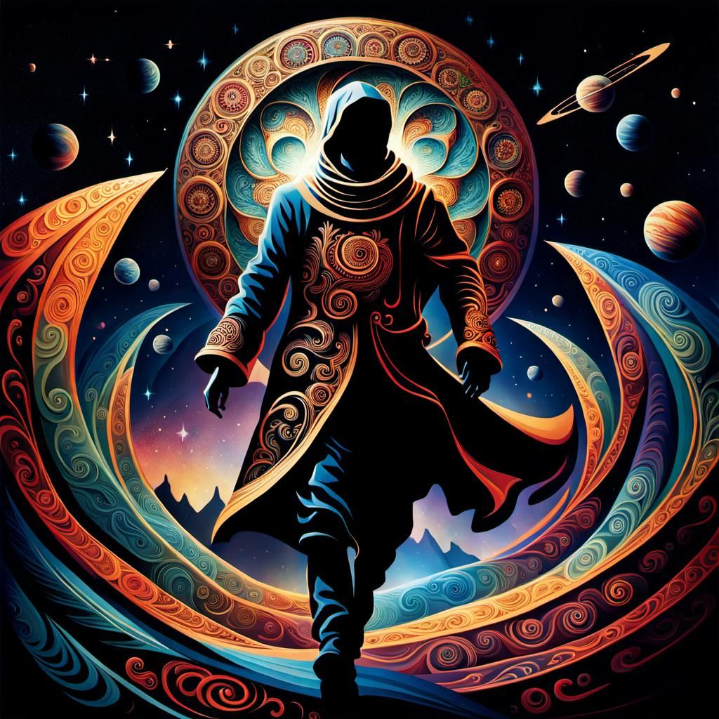 Surreal Figure Walking in Space as Haeckel Carving