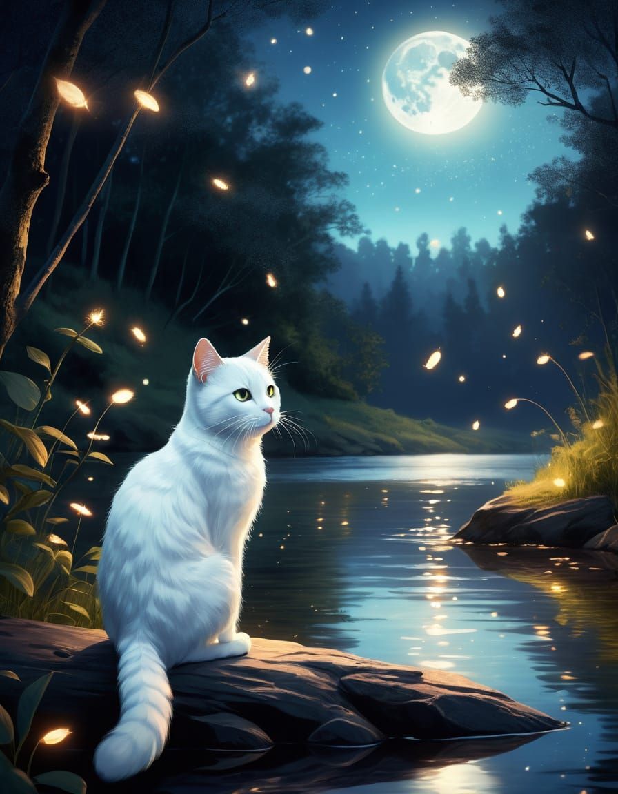 White Cat by River in Fantasy Illustration