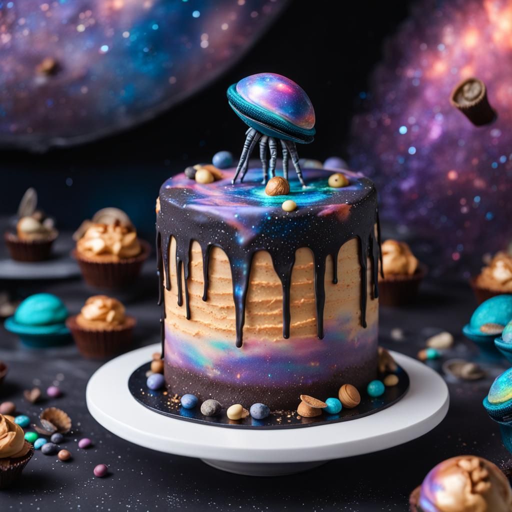 Aliens Eating Galaxy Cake: Detailed Digital Art