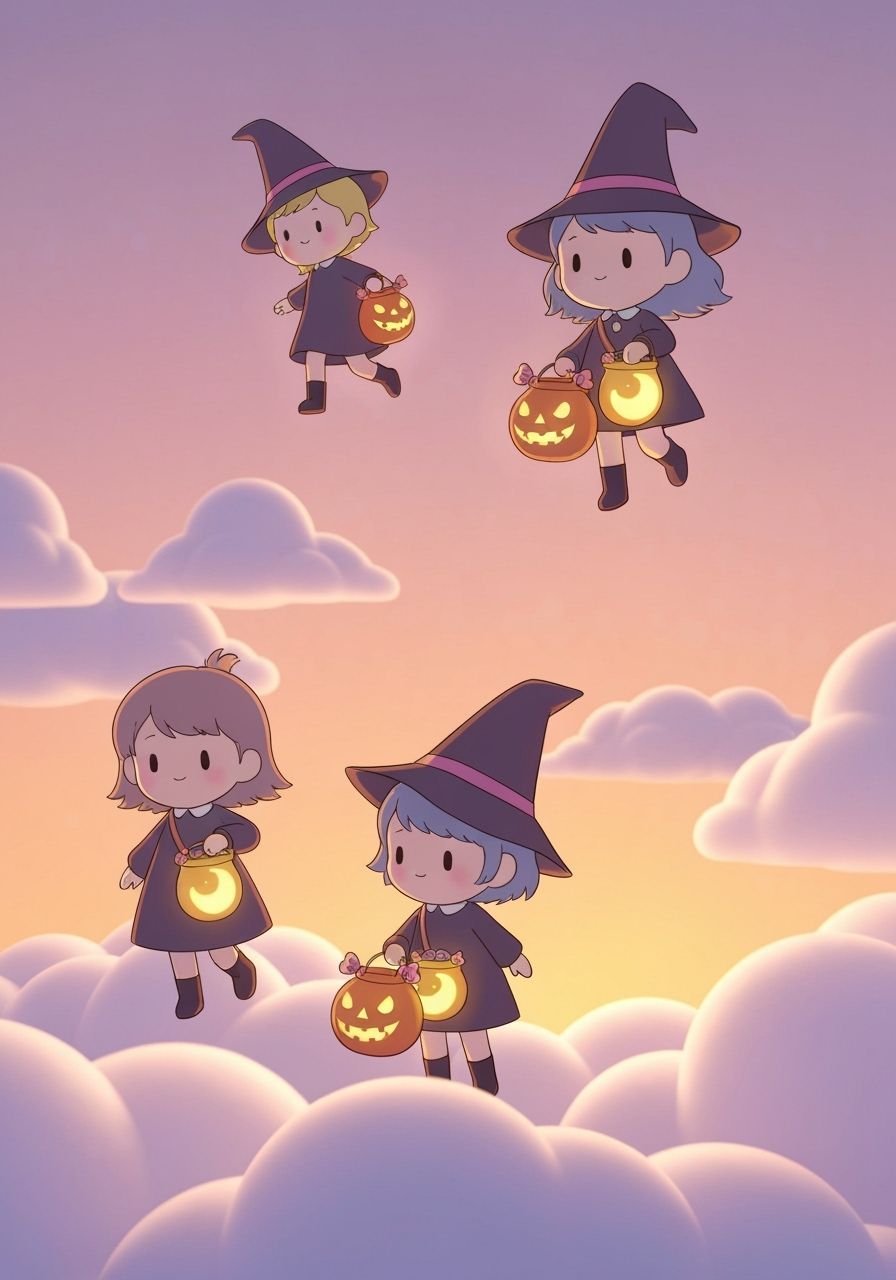 Pastel Cartoon Trick-Or-Treaters on Cotton Candy Clouds