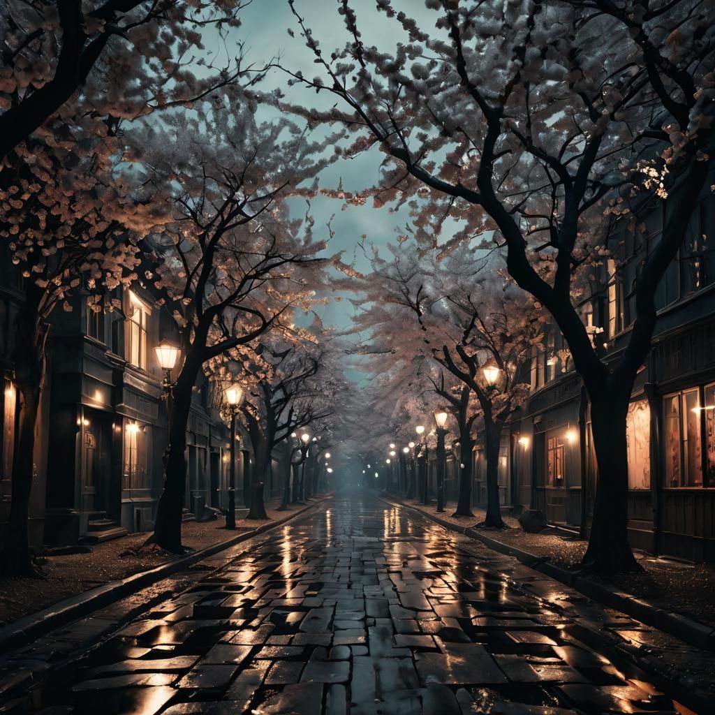 Surreal Gothic Cityscape with Glowing Cherry Blossoms