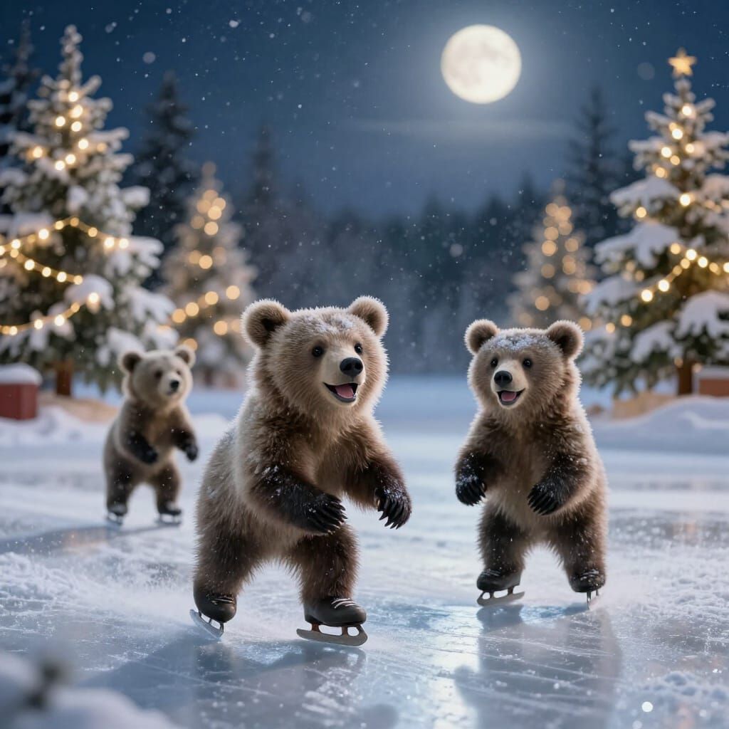 Adorable Bear Cubs Ice Skating Under Fairy Lights
