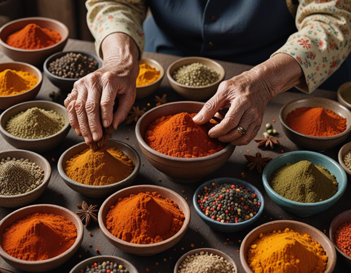 Old Woman's Hands with Colorful Spices, Detailed Matte Paint...