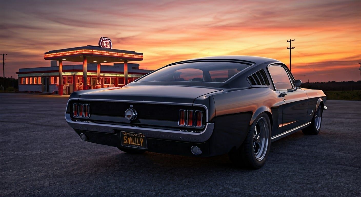 A close up, angled view, of a black 1968 Ford Mustang on rou...
