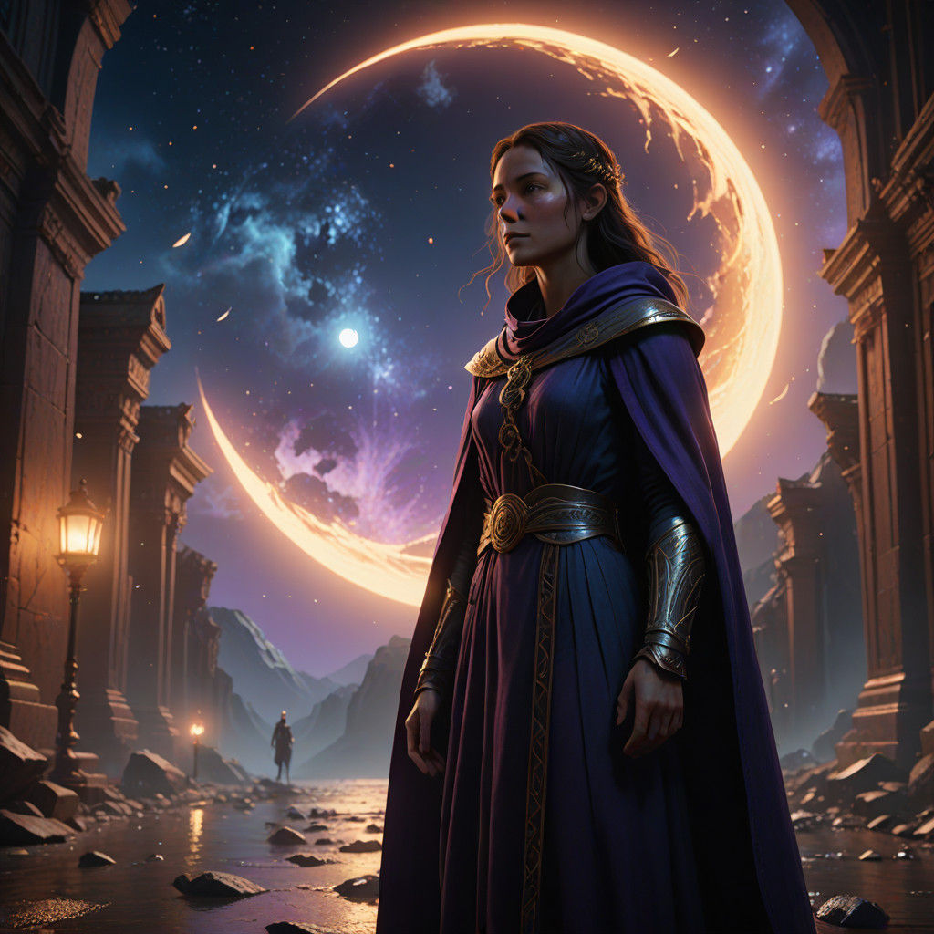 Ethereal Figure Basks in Crescent Moonlight, A Cinematic Mas...
