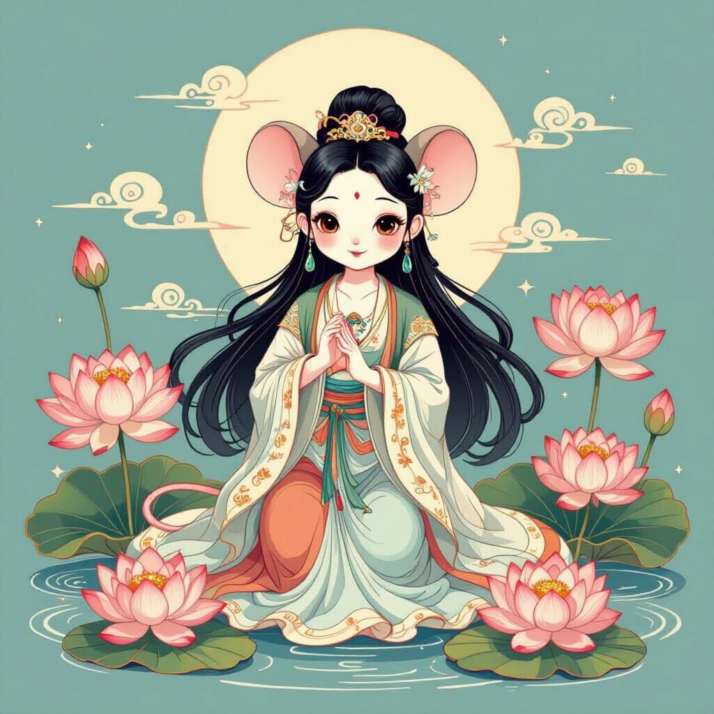 Mouse Kuan Yin with Lotus Flowers: Contemporary Art