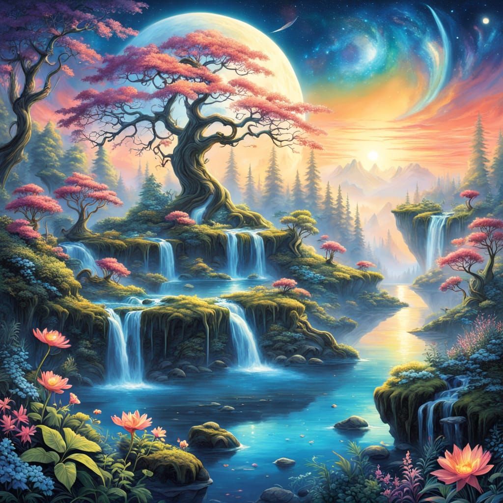 Fantasy Garden Watercolor with Bioluminescent Flora and Peac...