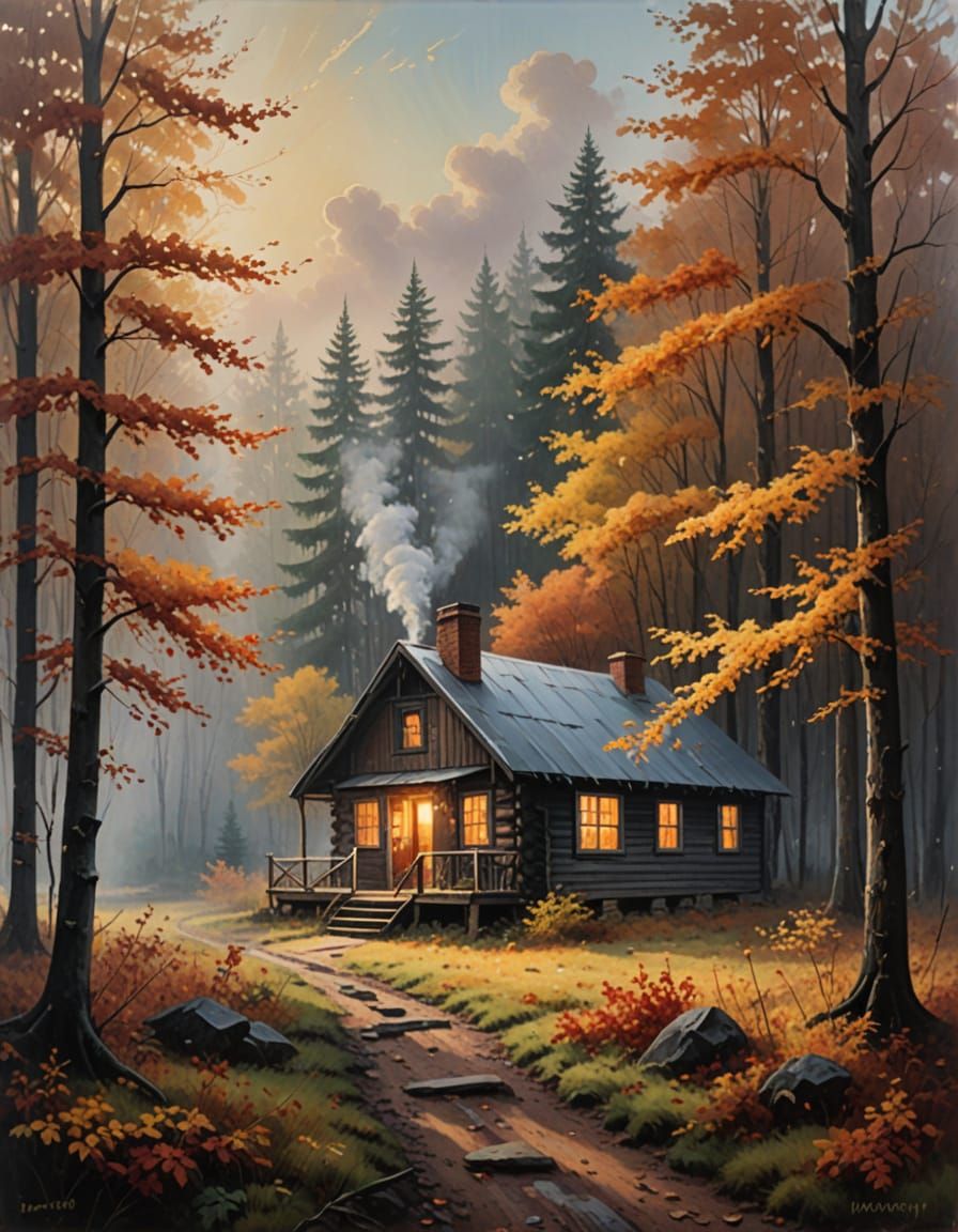 Secluded Cabin in Autumn Woods: Moody Oil Painting