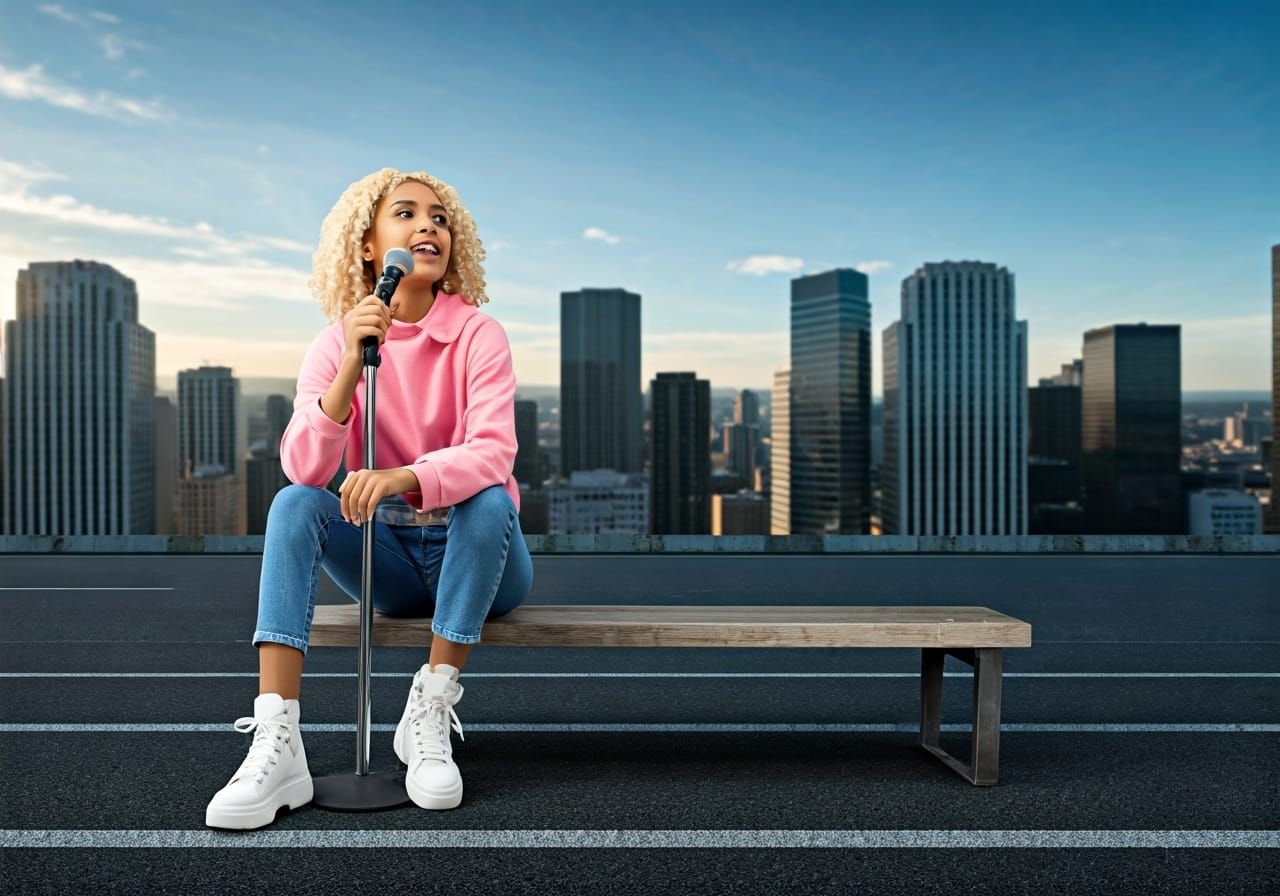 Young Woman Singing with Skyline Backdrop