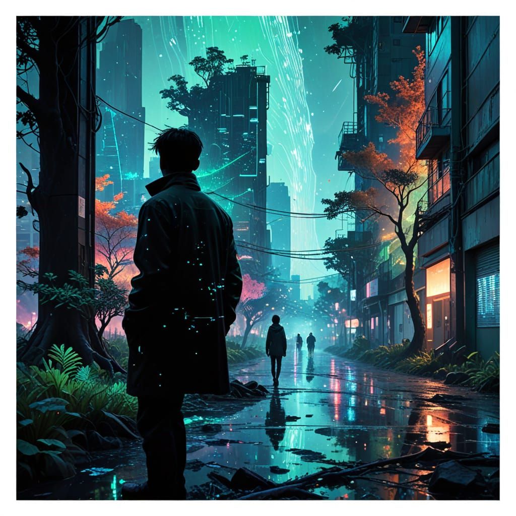 Sunset Silhouette Amidst Digital Vortex