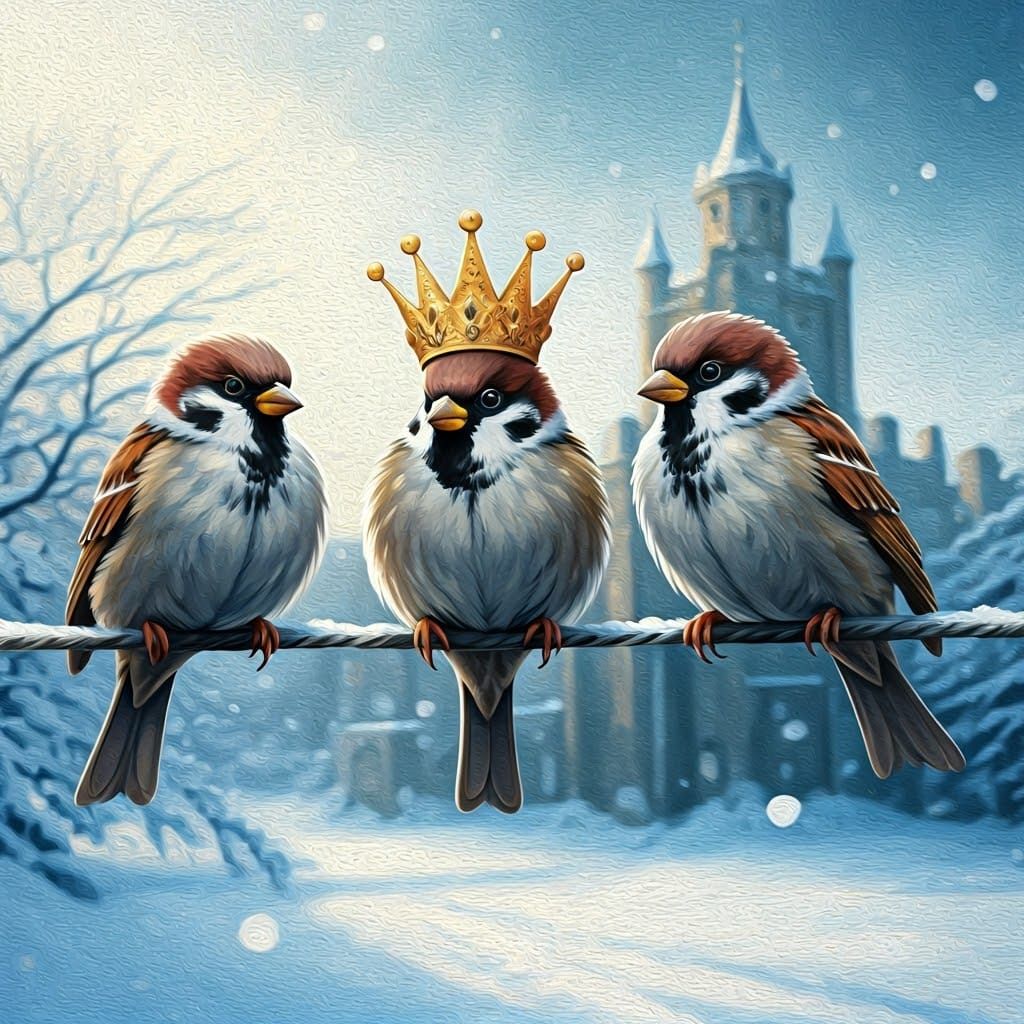 Sparrows in Impasto Winter Wonderland