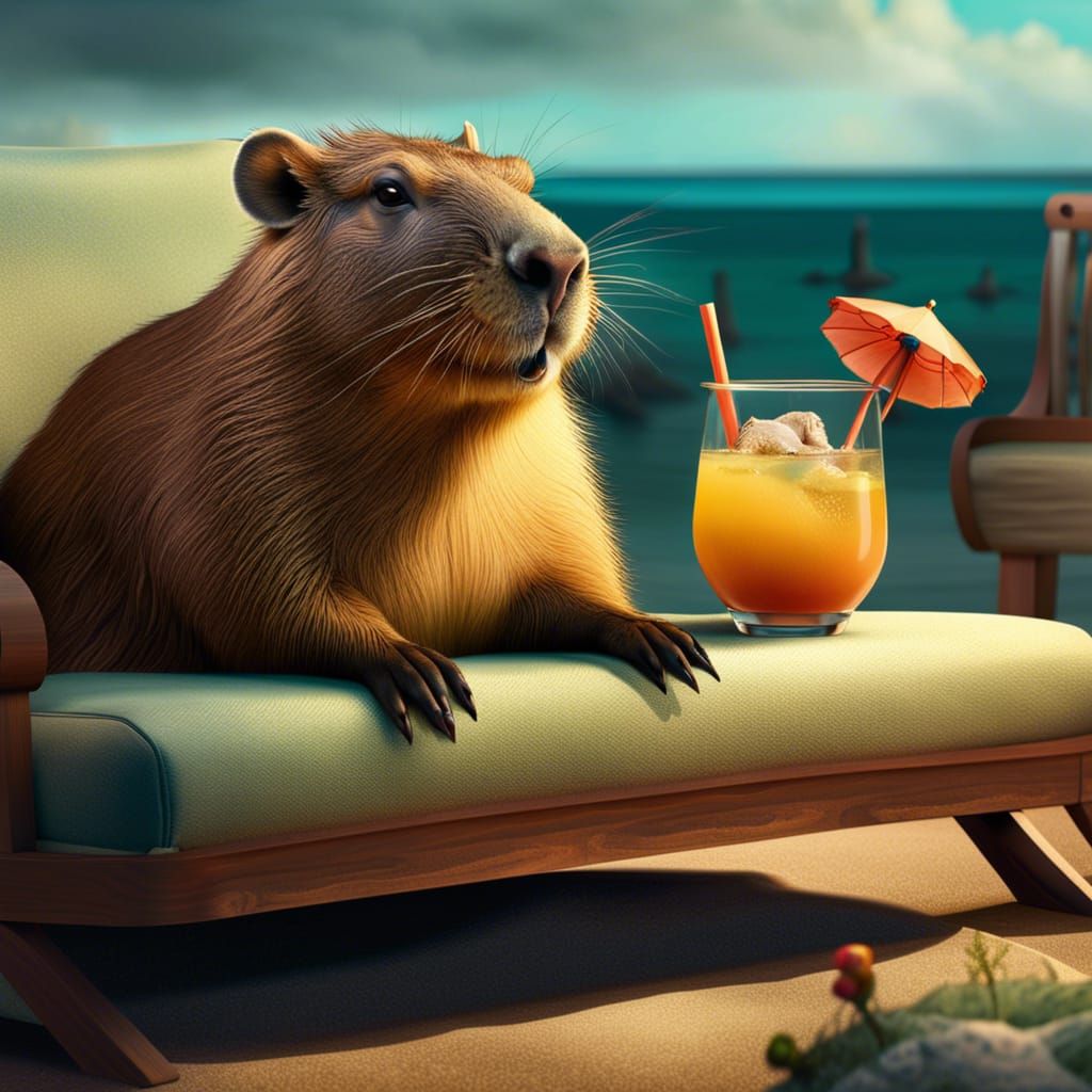Capybara Lounging on Beach with Cocktail