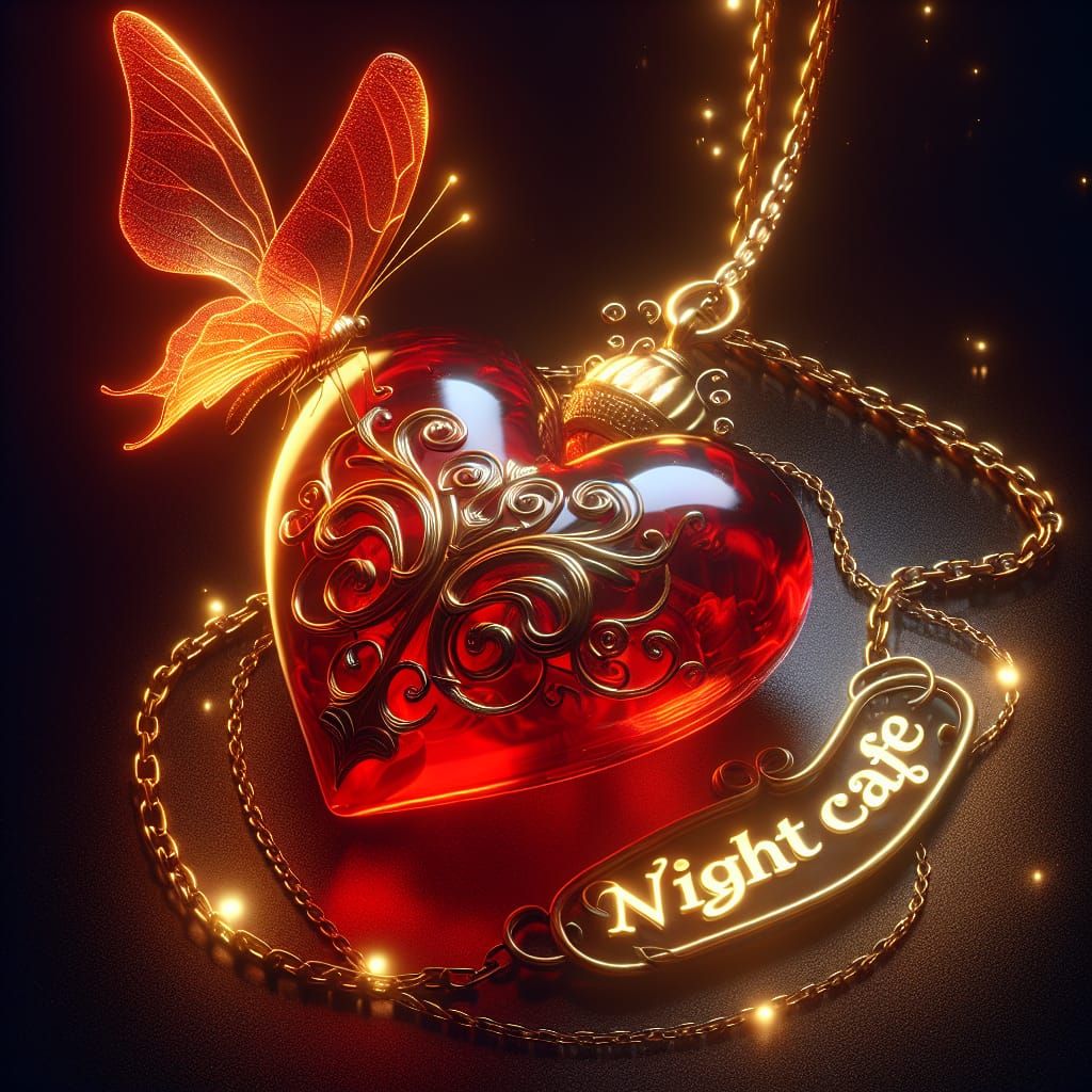 Red Glass Heart with Golden Chain in 3D