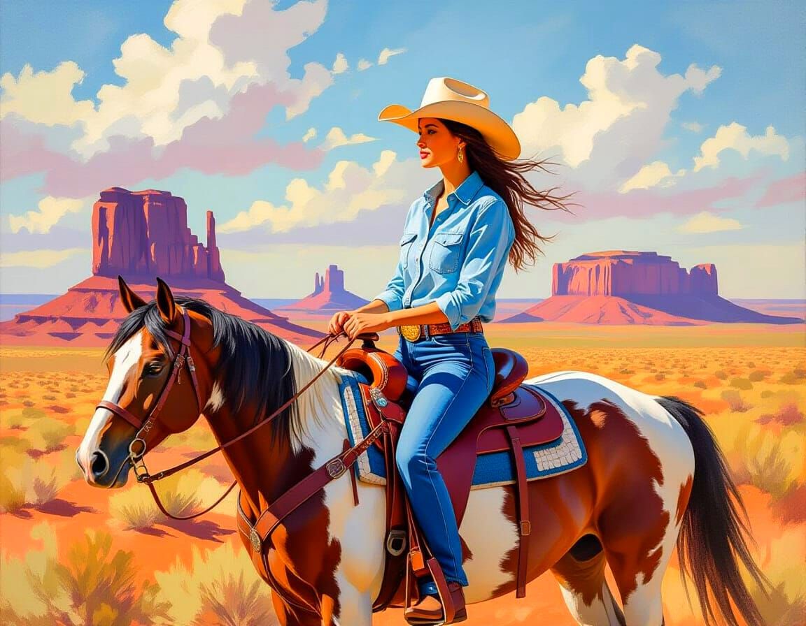 Impressionist Oil Painting of Monument Valley with Horse Rid...