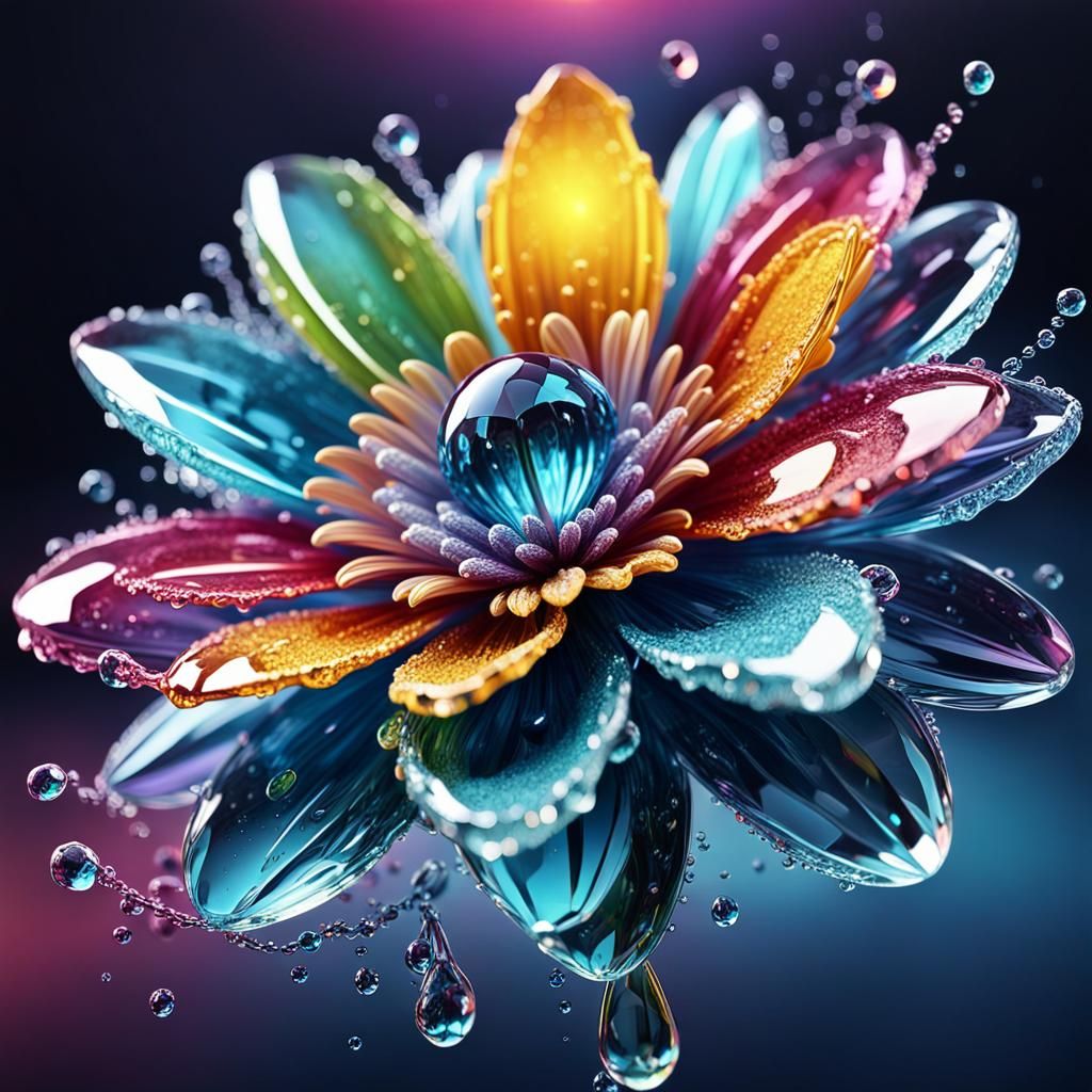 Crystallized Water Drop with Magical Flower, Splash Art