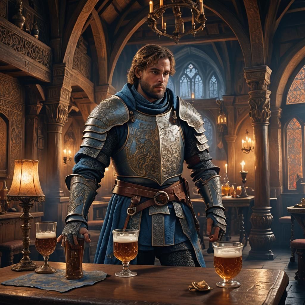 Medieval Knight Enjoying Beer in Opulent Room