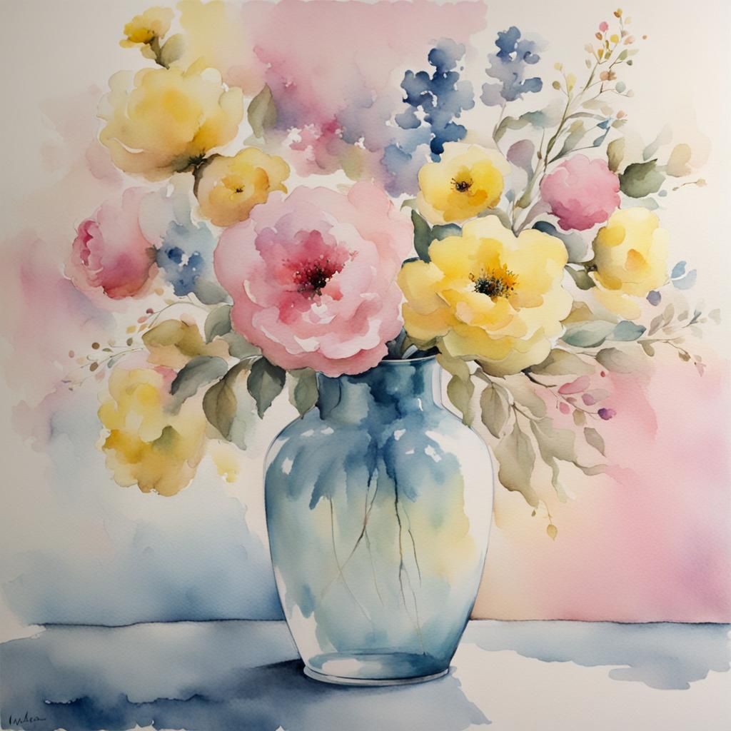 Pastel Watercolour Flowers in Vase