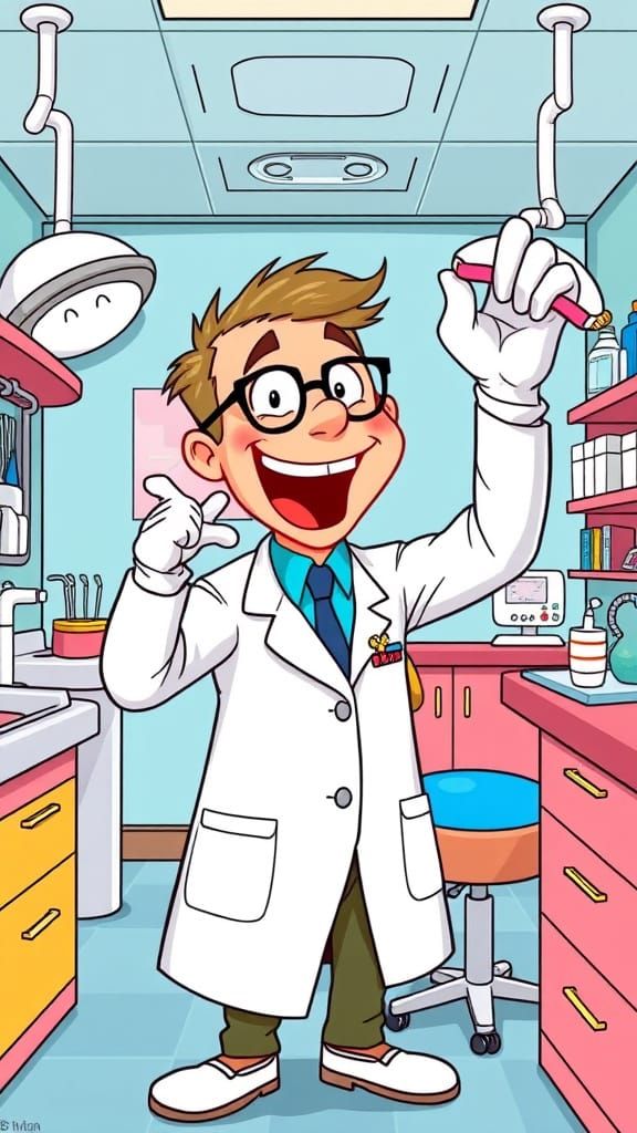 Ecstatic Dentist in Whimsical Cartoon Clinic